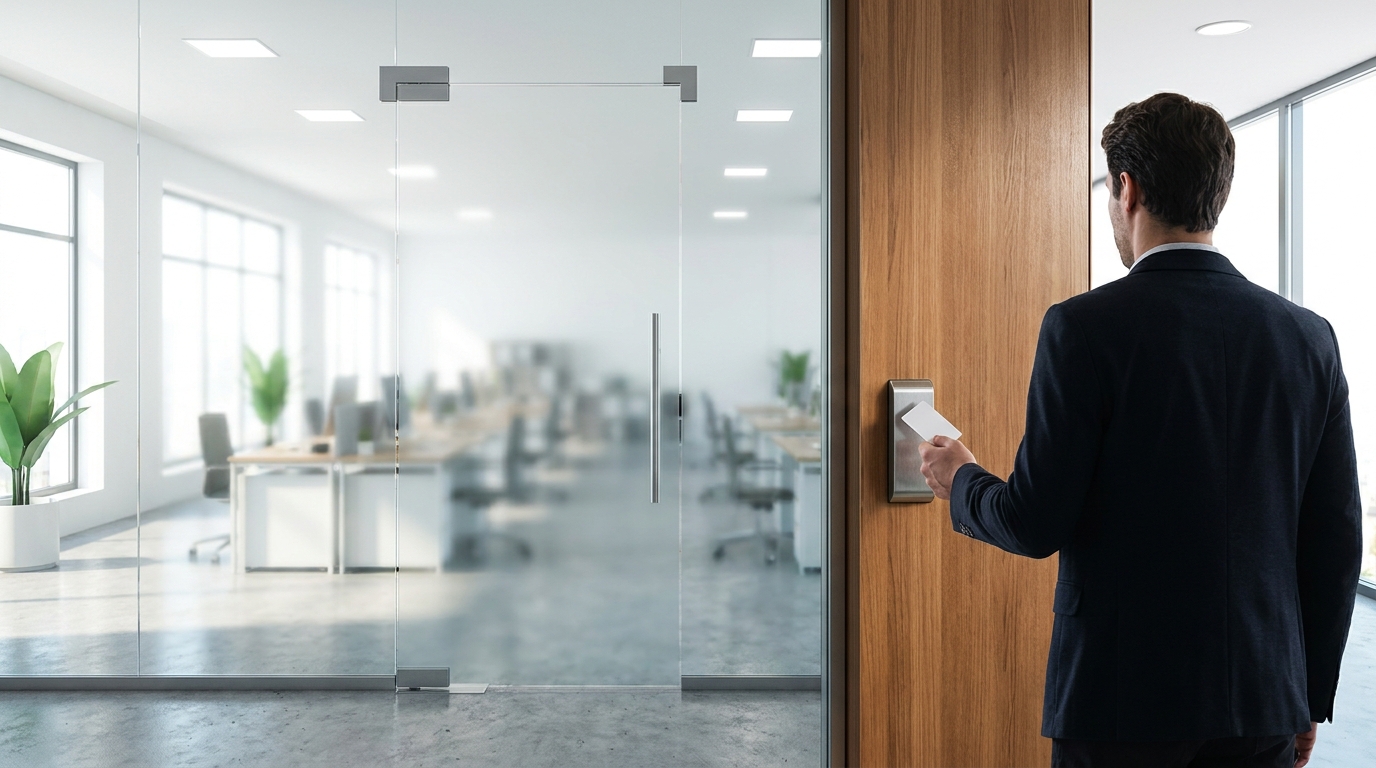 A modern office entrance with a keycard badge reader on the wall next to a glass door, an employee tapping their access badge