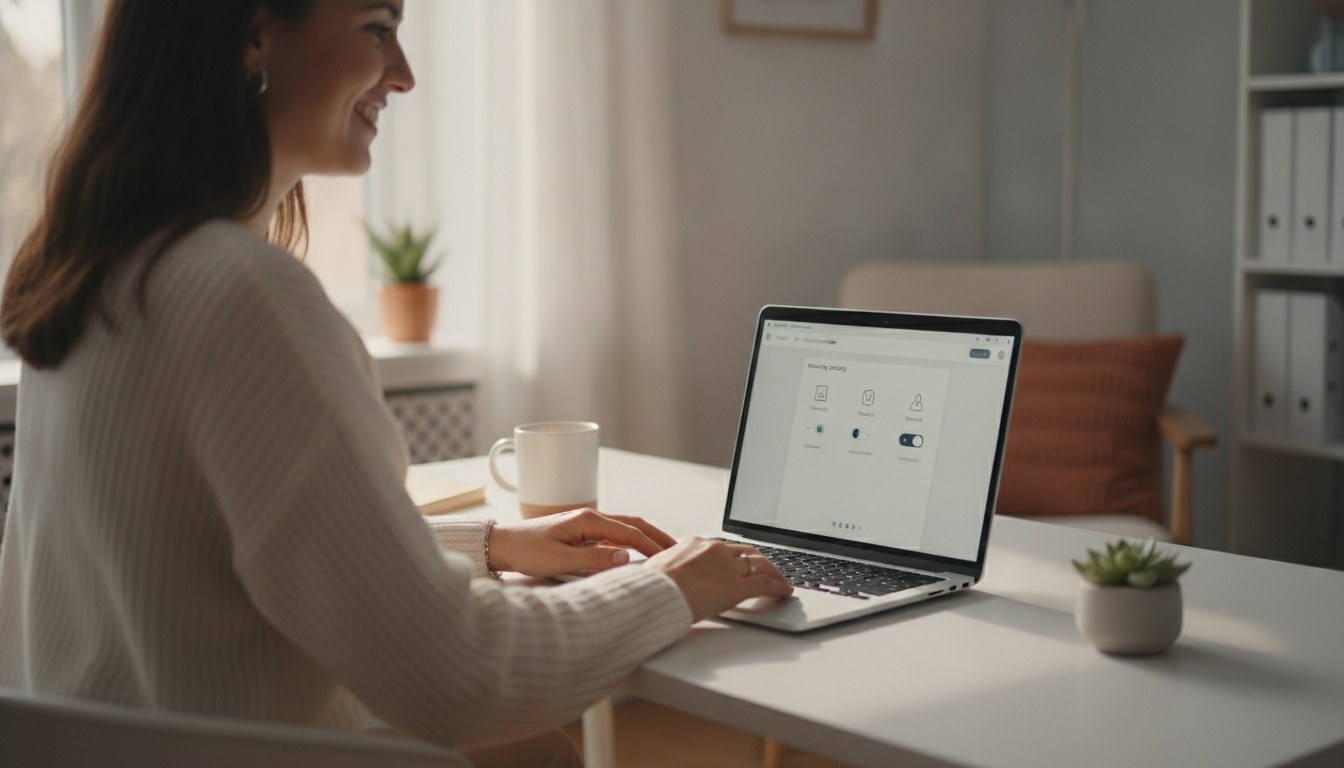 A professional woman at a bright office desk reviewing email security settings on a laptop, warm natural daylight, calm and reassuring atmosphere