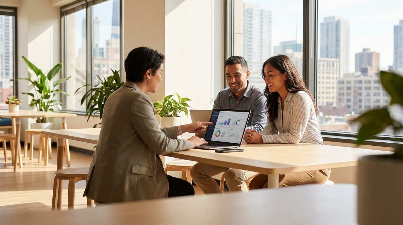 Small business team in a bright office reviewing a security dashboard together on a laptop